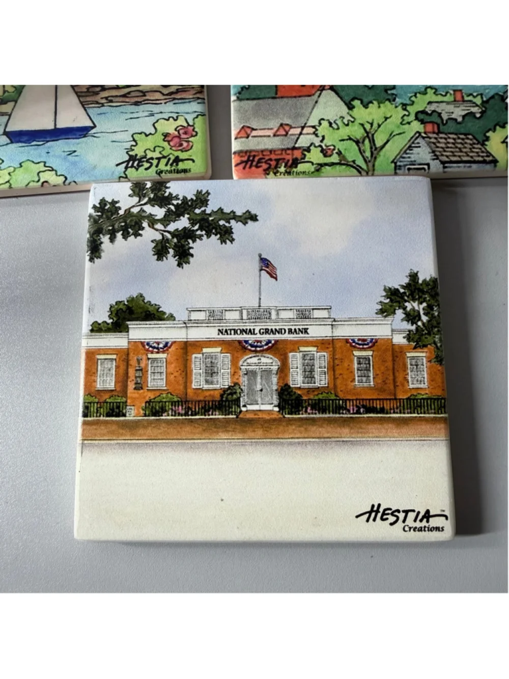 Hestia Creations Ceramic Coaster Set with Wooden Holder, One Size, Multi-color